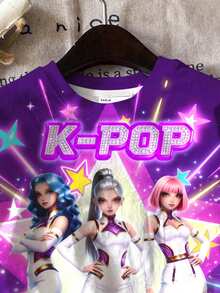 SHEIN 女童休闲圆领卡通字母印花短袖T恤短裤套装，适合度假、聚会、日常穿着和音乐会等场合。 - 彩色 - 查看 4