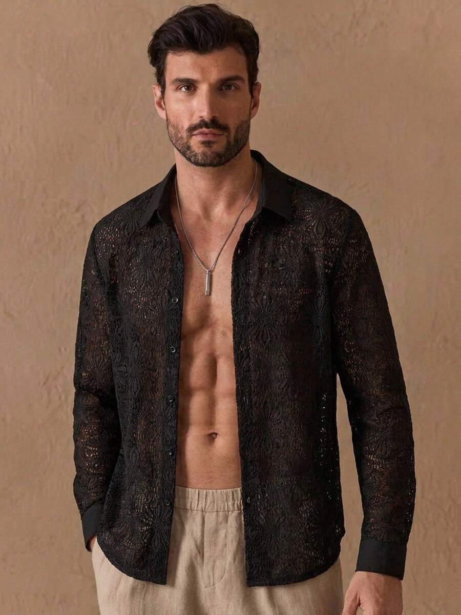 Manfinity VCAY Men's Casual Sheer Lace Long Sleeve Loose Shirt,Black Autumn Elegant Club Evening Silk Paisley Tuxedo Tapestry Knit Shirt For Men Graphic Jacket - Black - View 1