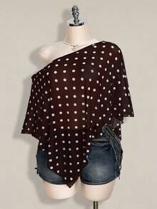 SHEIN ICON Blusa asimétrica de hombro de malla con lunares negros y blancos para mujer de talla grande - Marrón - Ver 6