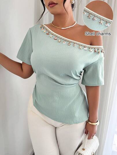 Elenzga 大码女式一件式仿亚麻纹理贝壳流苏装饰A字休闲沙滩度假衬衫，春夏款