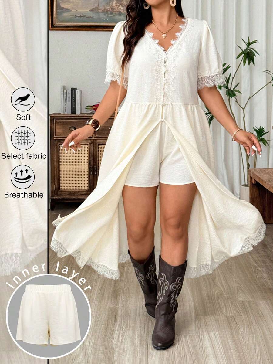 Weeklong 2-in-1 V-Ausschnitt Spitzenbesatz Französischer Stil Kleid, Damen Große Größen Sommer Outfit, Urlaub, Boho - Aprikosenfarben - Übersicht 1