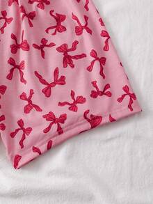 2 Pieces Tween Girl Round Neck Short Sleeve Shorts Summer Pink Cute Bow Print Pajamas Sleepwear Loungewear Set, Sweet Home Wear Casual Loose Fit - Pink - View 7