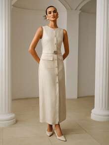 ZEYLAH Đầm linen không tay thanh lịch, thắt eo, thích hợp mặc đi làm hoặc mùa hè. - Màu be - Xem 4