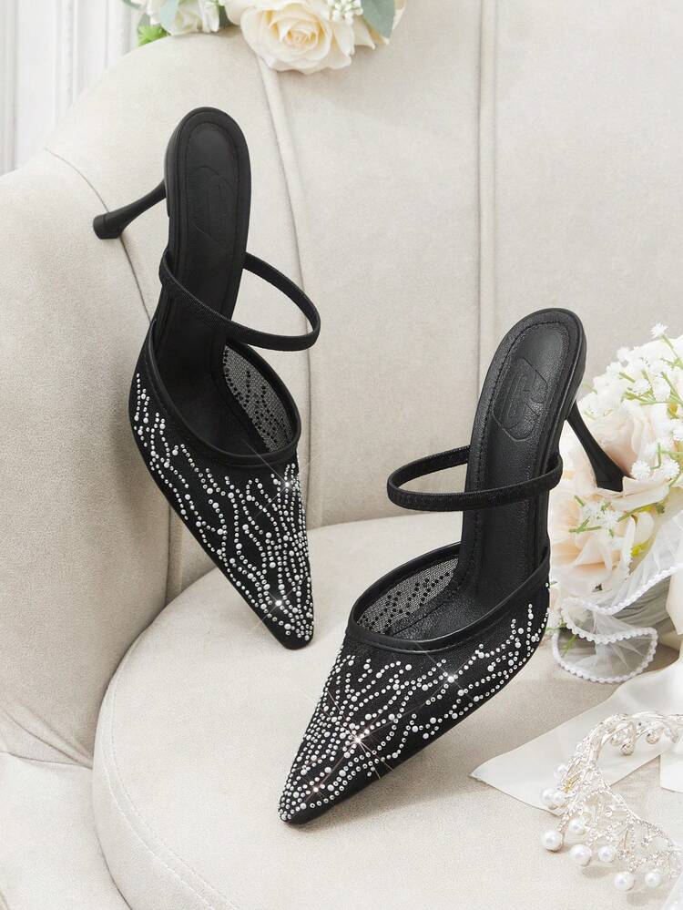 CUCCOO HITCHD Women's Spring/Summer New Mesh Rhinestone Decor Square Toe One-Strap High Heel Wedding/Formal Dress Sandals, Romantic Elegant Black Color, Suitable For Valentine's Day
