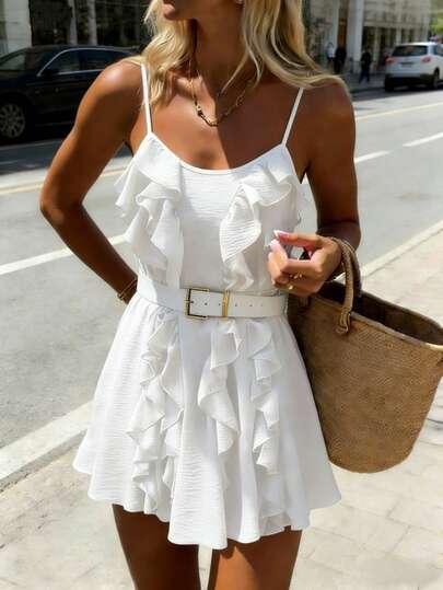 Pariaura Đầm hai dây ngắn kiểu dáng thường ngày, màu trơn, có bèo nhún ở gấu, dành cho nữ.