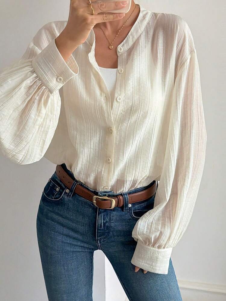 Textured Pleated Solid Color Loose Long Sleeve Stand Collar Elegant Formal Summer Blouse For Women