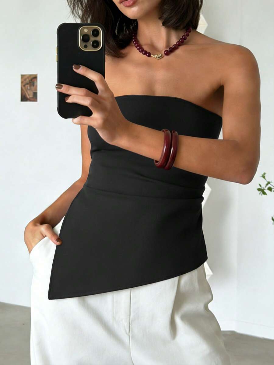EMERY ROSE Women's Elegant Solid Color Asymmetric Hem Tube Top, Summer - Black - View 1
