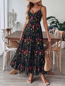 Breezaya 新款复古碎花生日婚礼多层拼接可爱蝴蝶结连衣裙（女款） - 黑色 - 查看 3