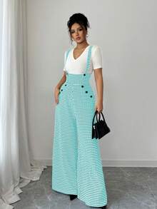 Elenzga Women's Houndstooth Suspender Straight Leg Jumpsuit - Mint Green - View 4