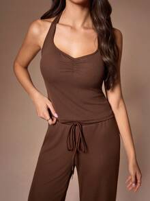 Lazeform Women's Casual Keyhole Neck Halter Backless Top And Straight Leg Pants Two Pieces Loungewear Set - Coffee Brown - View 6
