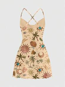 ROMWE Fairycore Low-Cut Plunging Neckline Sexy Sun Moon Star Hippie Mysterious Eye Print Vacation Dress For Women, Spring& Summer - Brown - View 2