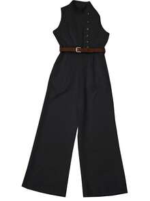 EMERY ROSE Women's Elegant Solid Color Stand Collar Sleeveless Jumpsuit - Black - View 4