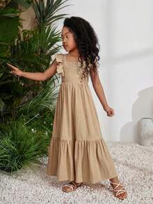 SHEIN Young Girl Sleeveless Solid Color Square Neck Dress - Apricot - View 3