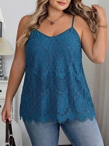 SHEIN CURVE+ 大码女式花卉蕾丝宽松优雅吊带背心，适合假日、秋季、冬季穿着，尺码齐全，适合曲线身材，夏季上衣 - 水鴨藍 - 查看 4