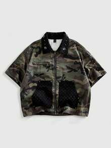 ROMWE MEN Street Life Áo khoác denim dáng rộng họa tiết rằn ri đính đinh tán dành cho nam - Nhiều màu - Xem 1