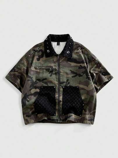 ROMWE MEN Street Life Men's Studded Camouflage Loose Denim Jacket
