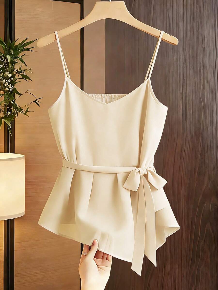 Franclia 优雅V领细肩带H型收腰深红色女士背心，春夏款 - 杏色 - 查看 1