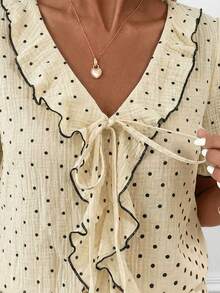 SHEIN Clasi Plus Size Women's Polka Dot Pattern Ruffle Front Tie Short Puff Sleeve Blouse - Yellow - View 6