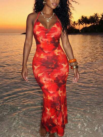 Slaydiva Women's Gradient-Dyed Halter Neck And Backless Beach Vacation Dress Is Perfect For Music Festivals, Valentine's Day, Easter, Wedding Season, Holiday Season, Casual And Elegant Commuting, Everyday Wear, Work Attire, Vacations, Parties, Cruises, And Is A Must-Have For Parties, Style, And Everyday Dates.