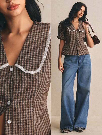 Poéselle Gingham Puff Sleeve Blouse For Women, Vintage Collared Shirt With Lace Trim, Cute Spring Top,Women's Plaid Short Petal Sleeve Single-Breasted Casual Shirt