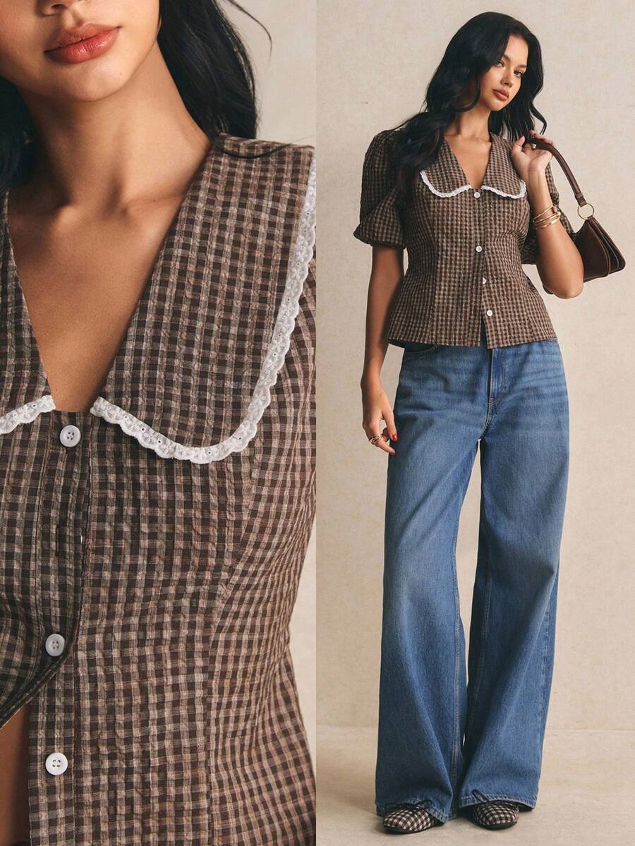 Poéselle Áo sơ mi nữ kẻ caro tay ngắn kiểu cánh hoa, cài một hàng khuy, phong cách thường ngày. - Nhiều màu - Xem 1