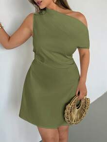 Auralis Plus Size Women's Solid Color Asymmetrical Shoulder Casual Dress Festival Outfits For Women One Sided Chic Dresses Cocktail - Army Green - View 2