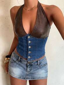 Aloruh Women's Summer Fashion Contrast Color Patchwork Backless Halter Denim Blouse Going Out Tops Women
Crop Tops - Medium Wash - View 6