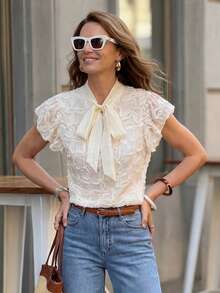 Solivie 女士领带领休闲百搭日常衬衫 - 杏色 - 查看 9