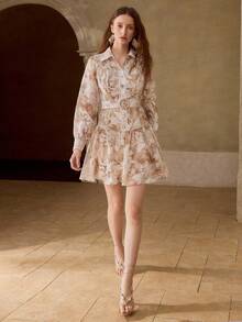 MOTF PREMIUM SPRING/SUMMER WOMEN'S FRENCH STYLE FASHION SHIRT COLLAR LONG SLEEVE LACE TRIM PRINTED RUFFLE HEM WAIST CINCHED A-LINE RUFFLE HEM FLORAL PRINT DRESS - Khaki - View 5