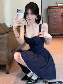 DAZY 春夏蓝色吊带连衣裙，休闲波点条纹吊带裙，甜美少女风，适合情人节、婚礼、派对、正式场合，时尚修身，优雅大方，适合办公室穿着，泡泡裙摆，短款连衣裙，短袖女式连衣裙 - 藏蓝色 - 查看 6