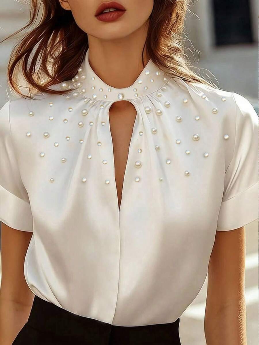 Franclia Blusa de manga corta de unicolor y elegante con botones de perla decorados para mujer - Blanco - Ver 1