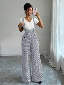 SHEIN Elenzya Women's Houndstooth Strap Straight Leg Jumpsuit - Dark Grey - View 8