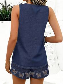 Retro Denim Butterfly Rivet Patch Full Print Round Neck Casual Sleeveless Top & Tank 2 Pieces Set, Suitable For Spring/Summer - Multicolor - View 2