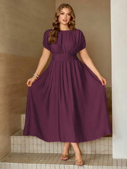 Roveilla Đầm ngắn tay xếp ly cổ tròn màu trơn cỡ lớn, thanh lịch, thích hợp cho mùa hè.