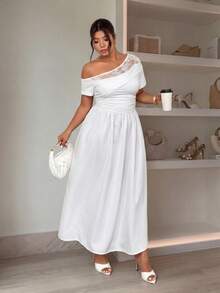 Firerie Plus Size Women's Contrast Lace Asymmetric Neck Short Sleeve Elegant White Dress,Summer Casual Zanzea Wedding,Party & Graduation Dress For Women - White - View 7