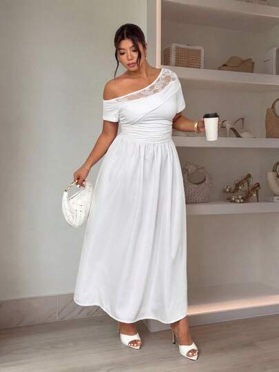 Firerie Plus Size Women's Contrast Lace Asymmetric Neck Short Sleeve Elegant Dress