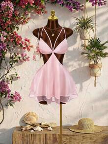 Amplova Women's Elegant Hollow-Out Backless Spaghetti Strap Mini Dress, Summer - Pink - View 3