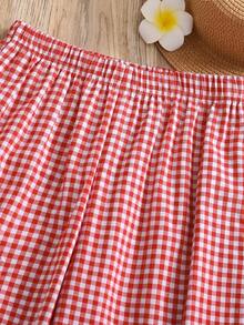 SHEIN 2pcs/Set Tween Girls Sleeveless Shirt With Bow Buttons & Plaid Patchwork + Long Pants, Spring/Summer - Red - View 6