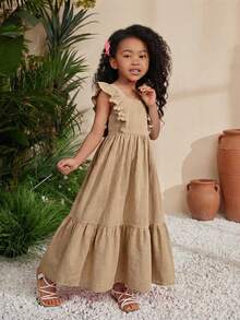 SHEIN Young Girl Sleeveless Solid Color Square Neck Dress - Apricot - View 4