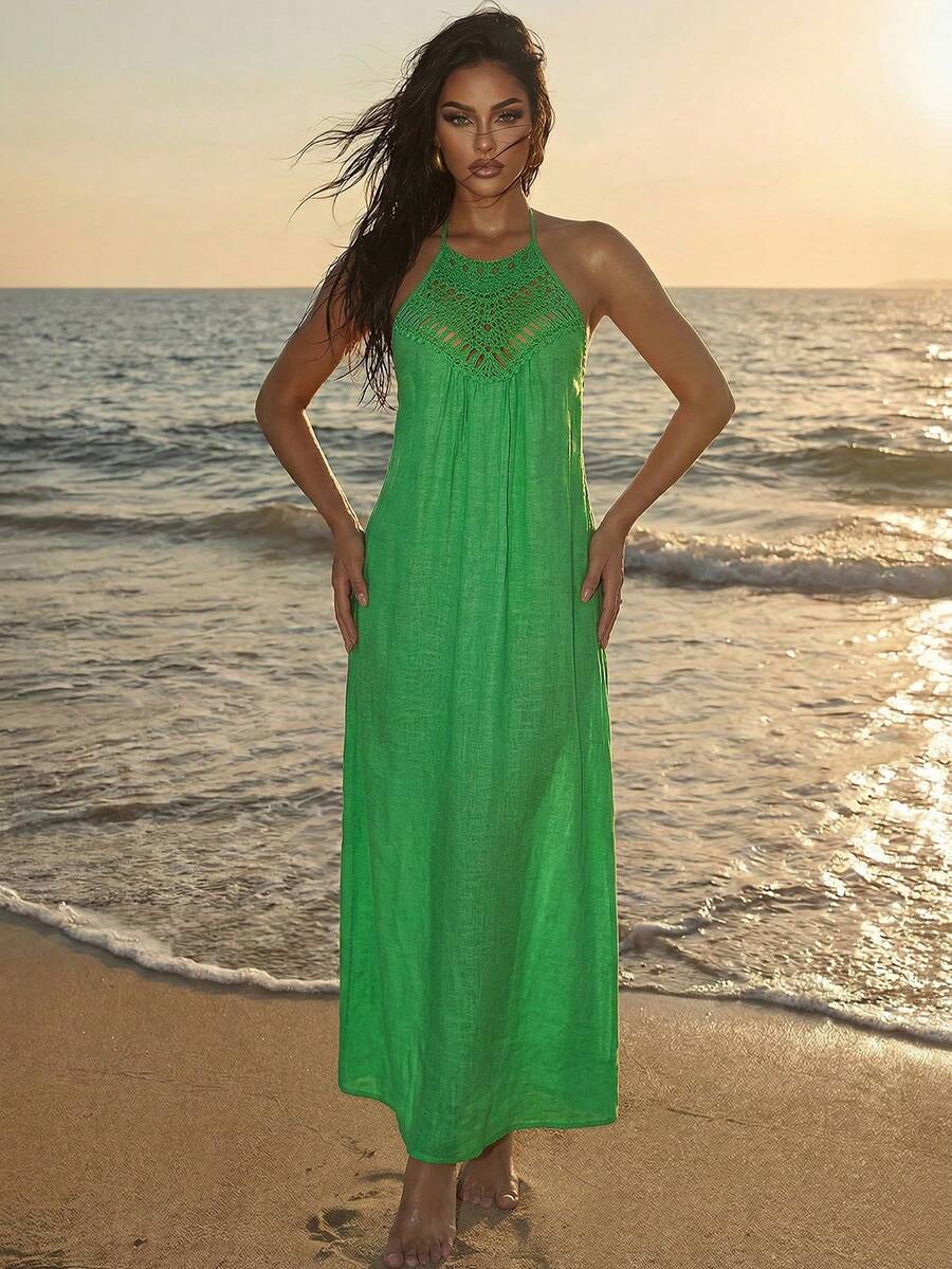 SHEIN Swim Ladies' Solid Color Lace Splice Sleeveless Cover-Up Dress With Halter And Thigh-High Slit Summer - Green - View 1