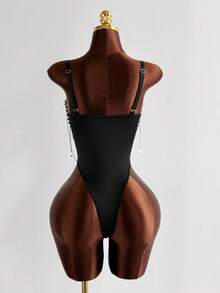 Sunspun Plus Size Women's Fitted Sexy Spaghetti Strap Chain Decor Bodysuit, Suitable For Music Festivals, Spring/Summer Wear - Black - View 2