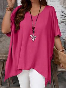 EMERY ROSE Plus Size Women's Solid Color Asymmetrical Long Shirt, Summer - Hot Pink - View 1