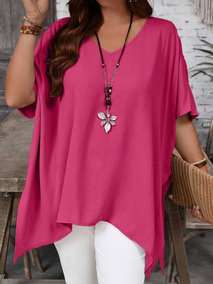 Plus Size Women's Solid Color Asymmetrical Long Shirt, Summer