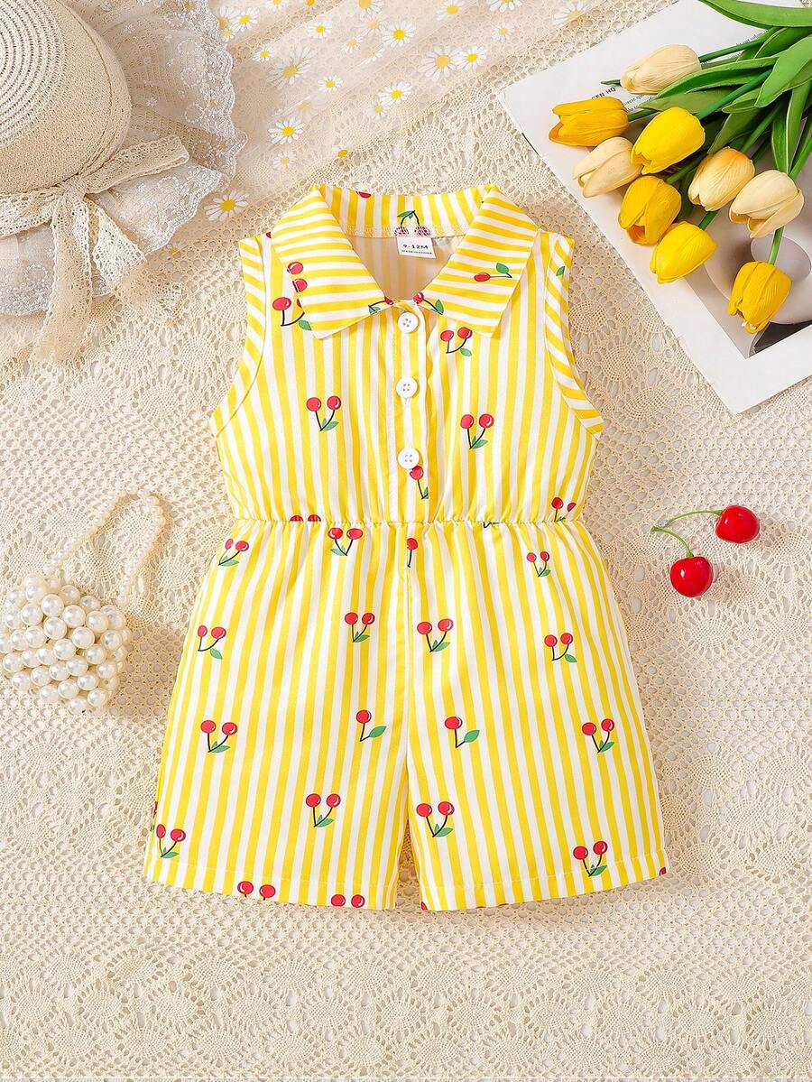 Elladie kids Baby Girls' Casual Striped Cherry Print Romper, Spring/Summer - Yellow - View 1