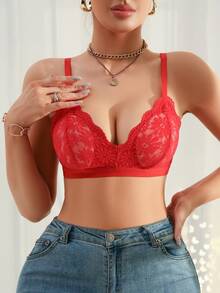 SHEIN 1pc Lace Wireless Bra For Women - Red - View 3