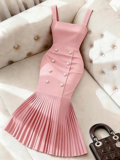 GlowEve Vestido de mujer de moda con cuello cuadrado sin mangas, decoración de botones de perlas, dobladillo plisado, vestido ajustado, vestido de verano, vestido formal elegante, vestido de fiesta, vestido de vacaciones, vestido rosa, vestido sexy, vestido sin mangas, vestido de invitada de boda, atuendo de graduación, ropa casual de moda para ir al trabajo, atuendo de oficina, uso diario versátil y elegante, ropa de trabajo urbana para maestros