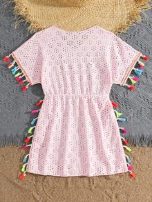 Cubrecuerpo de ganchillo con encaje para niñas, vestido colorido con flecos a la moda y lindo, adecuado para verano, playa, vacaciones - Rosa - Ver 2