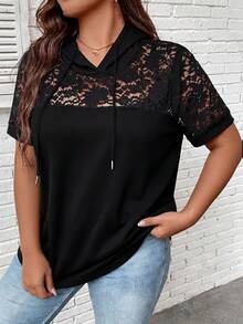 SHEIN LUNE CURVE 大码女式春夏纯色弹力面料蕾丝拼接短袖连帽轻薄套头卫衣，优雅时尚，适合通勤和日常穿着 - 黑色 - 查看 4