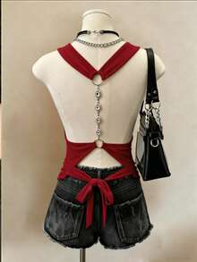 Women's Solid Color Backless Chain Decor Sexy Versatile Blouse For Dates & Outings - Red - View 6