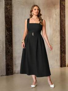 Roveilla 大码女式纯色竹纤维针织方领宽肩带腰带金属扣装饰宽松A字无袖长裙，军绿色，优雅法式复古正式通勤休闲度假下午茶街头简约百搭，春夏新款 - 黑色 - 查看 5